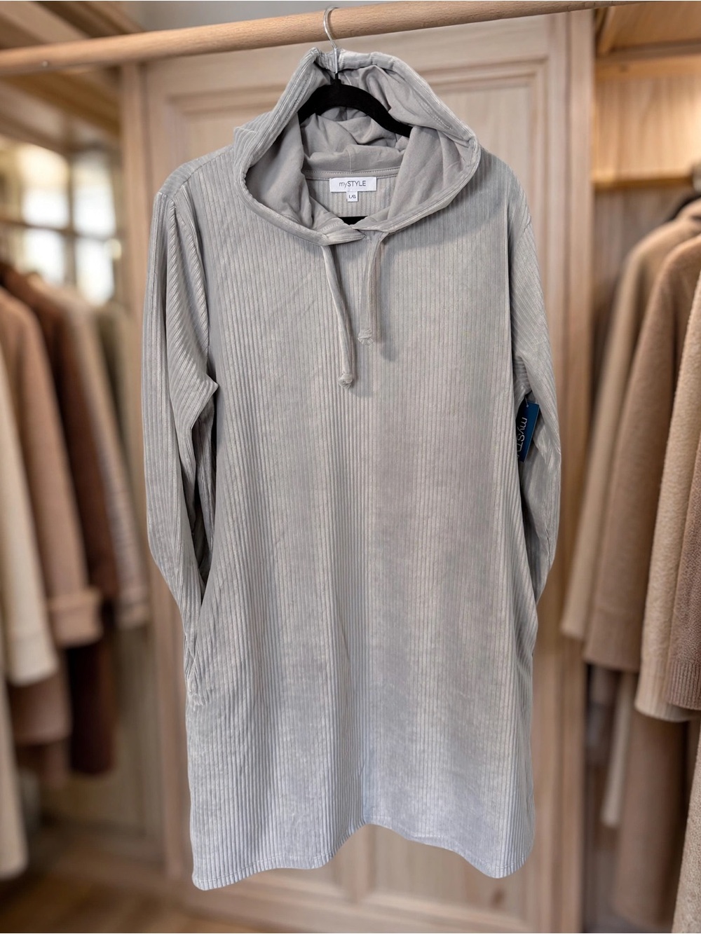 mySTYLE Light Gray Ribbed Hooded Dress Knee Length Drawstring NWT Size L